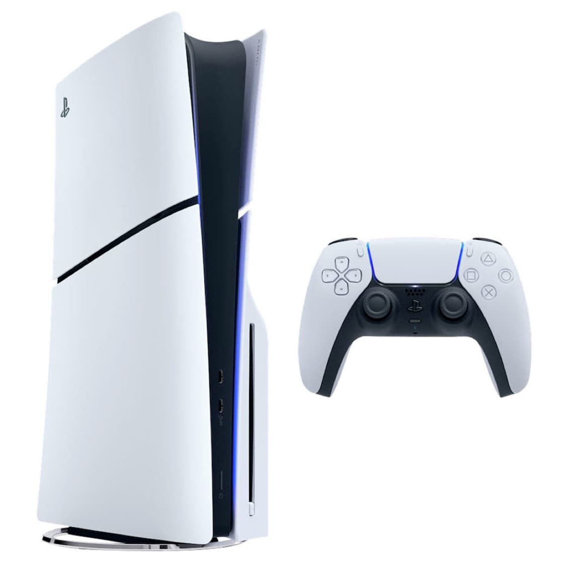 PlayStation 5 Konsole im Hochformat mit leuchtenden Kanten, daneben ein passender DualSense-Controller in Frontansicht