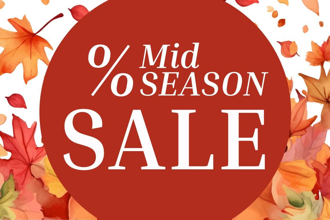 Mid Season Sale – roter Kreis mit Prozentzeichen, umgeben von bunten Herbstblättern