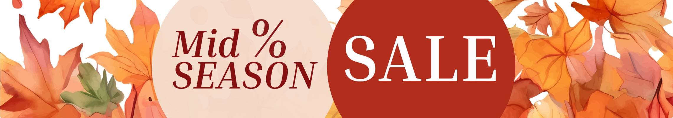 Mid Season Sale – herbstliche Illustration mit bunten orange-roten Blättern rund um den Schriftzug