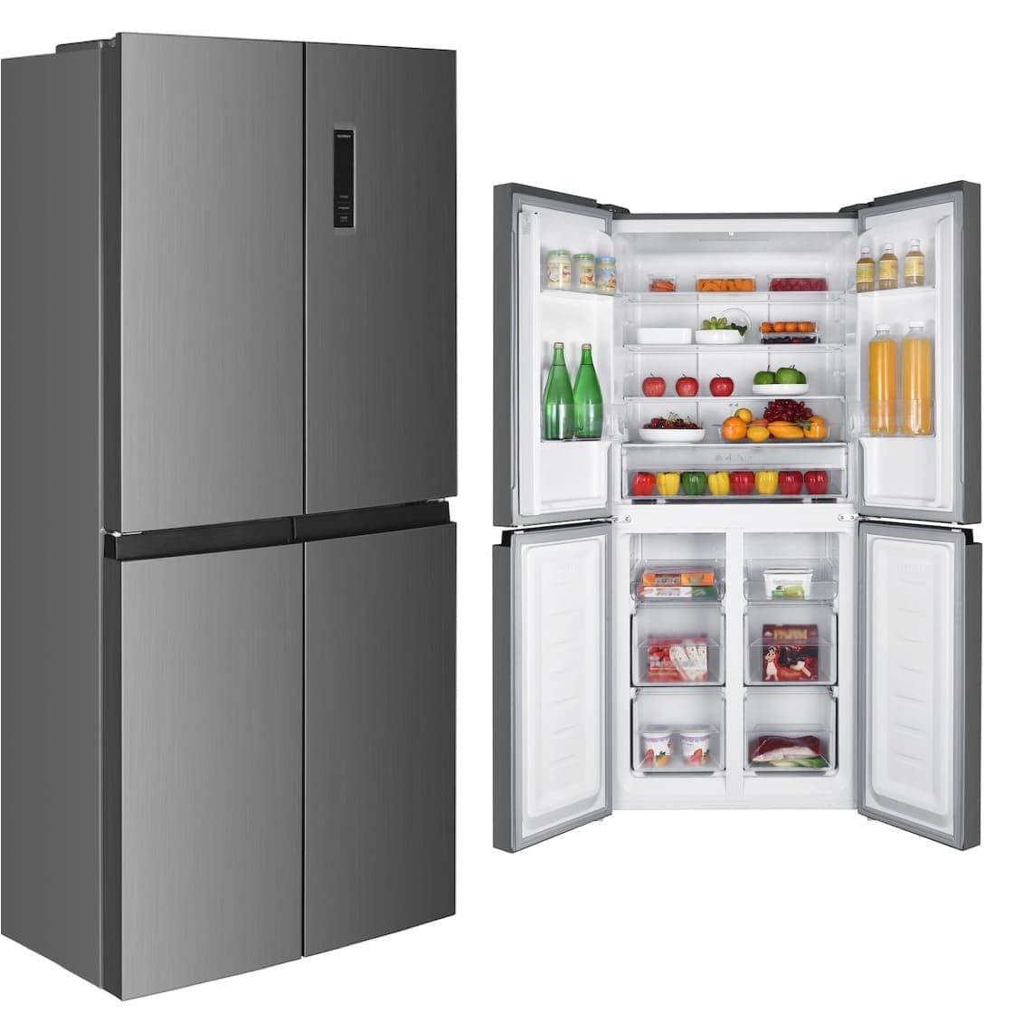 Side-by-Side Kühlschrank in Grau, einmal geschlossen und einmal geöffnet mit Getränken, Obst, Gemüse und Tiefkühlware