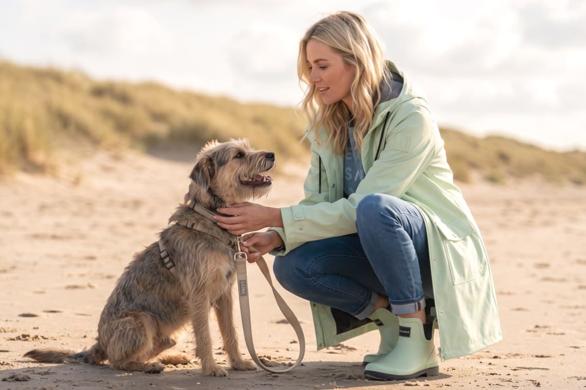 Frau im Regenmantel hockt am Strand und hält ihren angeleinten Hund, beide schauen sich an