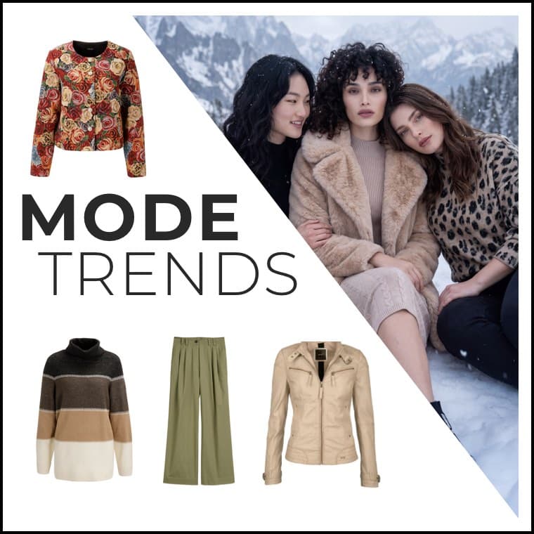 MODE TRENDS – drei Frauen in Winteroutfits im Schnee, daneben Pullover, Jacken und Hose als aktuelle Modeauswahl