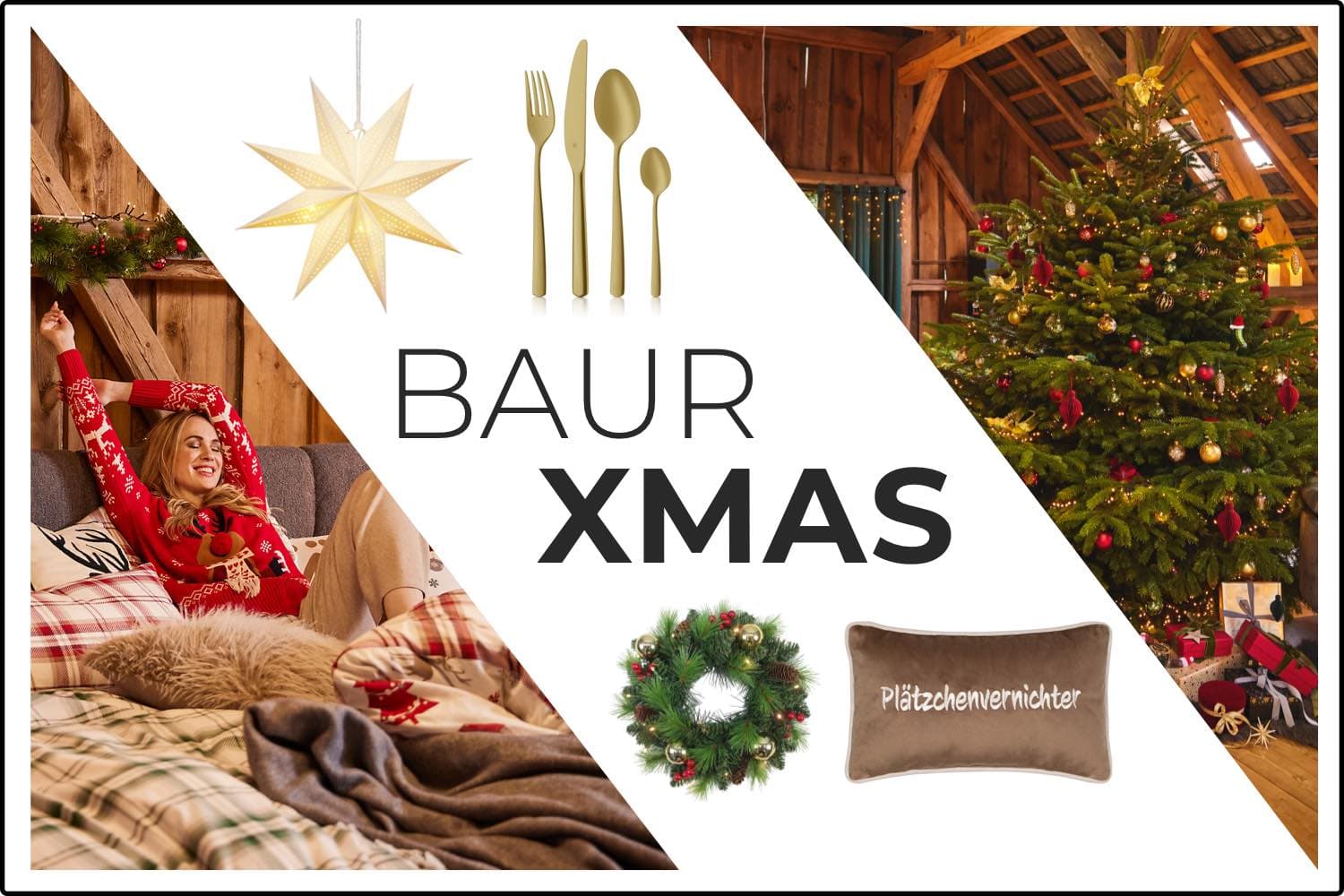 BAUR XMAS – Frau im Weihnachtspulli liegt im Bett, daneben Deko mit Stern, Besteck, Kranz, Kissen „Plätzchenvernichter“ und Tannenbaum