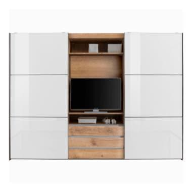 Wohnwand mit weißen Türen, offenem Mittelteil mit Fernseher, Fächern und Schubladen in Holzoptik