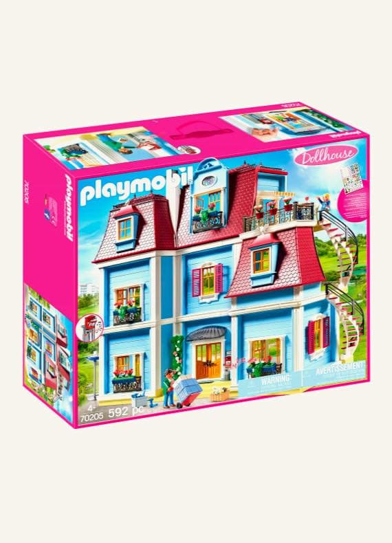 Playmobil Dollhouse – bunte Verpackung mit großem blau-rosa Puppenhaus und spielenden Figuren auf der Vorderseite