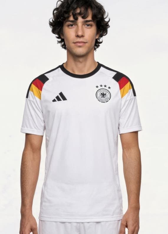 Mann steht frontal in weißem Deutschland-Fußballtrikot mit schwarz-rot-gelben Schulterstreifen vor hellem Hintergrund