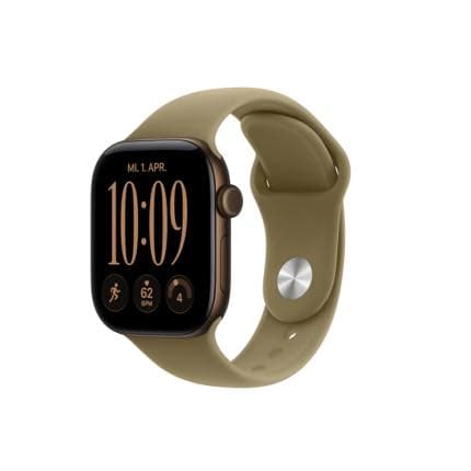 Smartwatch mit olivgrünem Armband, schwarzem Display mit Uhrzeit 10:09 und Fitnesssymbolen auf weißem Hintergrund
