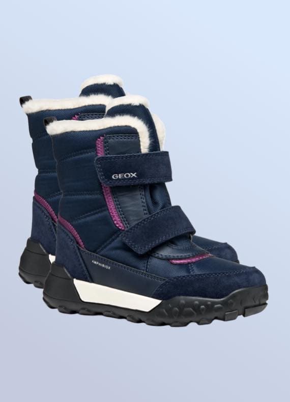 Dunkelblaue Kinder-Winterstiefel mit Klettverschluss und heller Fütterung, paarweise dargestellt