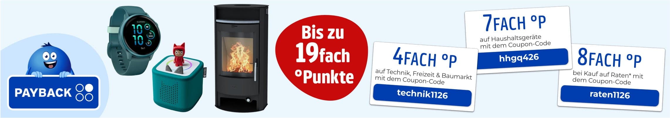Bis zu 19fach Punkte – PAYBACK Werbung mit Smartwatch, Musikbox, Kaminofen und Coupons für 4fach, 7fach und 8fach Punkte