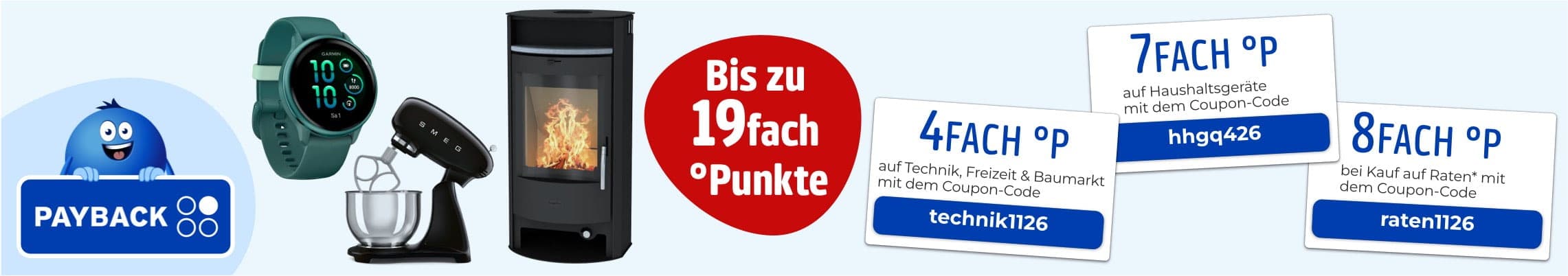 Bis zu 19fach Punkte – Payback-Werbung mit Smartwatch, Küchenmaschine, Kaminofen und drei Couponkarten