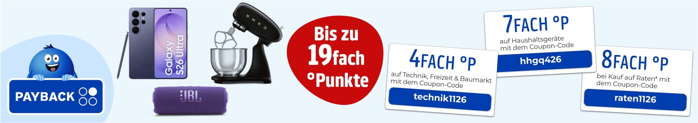 Bis zu 19fach Punkte – PAYBACK Aktion mit Smartphone, Küchenmaschine, Bluetooth-Lautsprecher und Coupons für Mehrfachpunkte