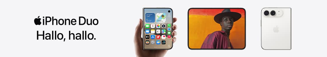 Apple iPhone Duo – Hallo, hallo – faltbares iPhone in Hand, aufgeklapptes Display mit Porträt, Rückseite mit zwei Kameras