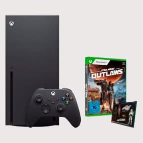 Eine Xbox-Konsole in Schwarz, zusammen mit einem Controller und dem Spiel "Star Wars: Outlaws" in der Verpackung. Der Controller hat die typischen Tasten in verschiedenen Farben.