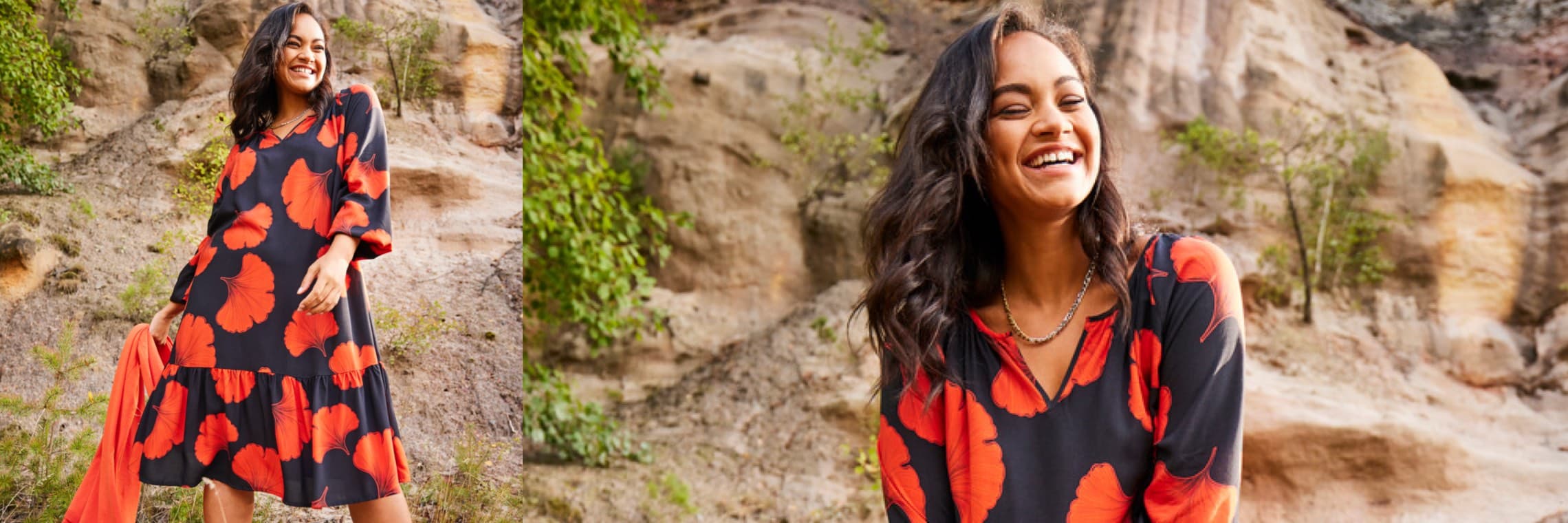 Frau in einem schwarzen Kleid mit großflächigem, roten Blumenmuster. Ihr lässiger Stil strahlt Lebensfreude und Eleganz aus.