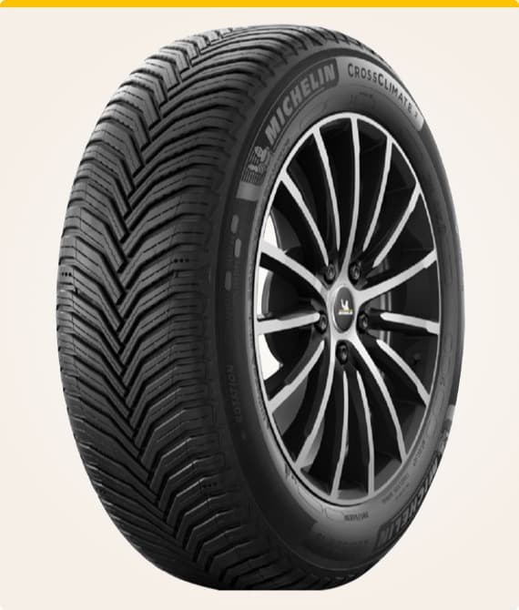 MICHELIN CrossClimate Reifen mit V-förmigem Profil und schwarzer Felge mit silbernen Akzenten, seitlich fotografiert