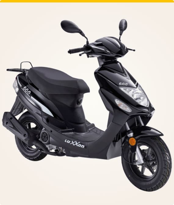 Luxxon e.co schwarzer Elektroroller mit zwei Spiegeln und Scheinwerfern, Seitenansicht auf hellem Hintergrund