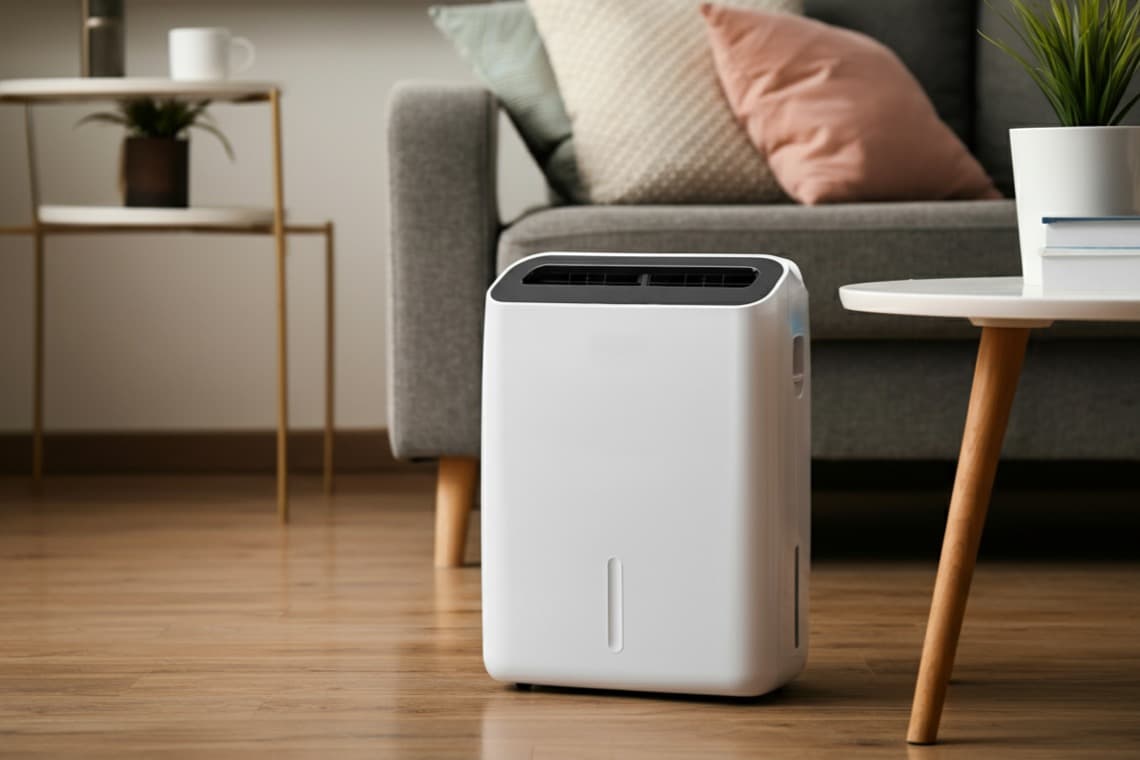 Ein weißes Klimagerät steht auf einem Holzfußboden in einem Wohnzimmer. Im Hintergrund sind ein graues Sofa und ein Tisch mit einer Pflanze und einer Tasse zu sehen.