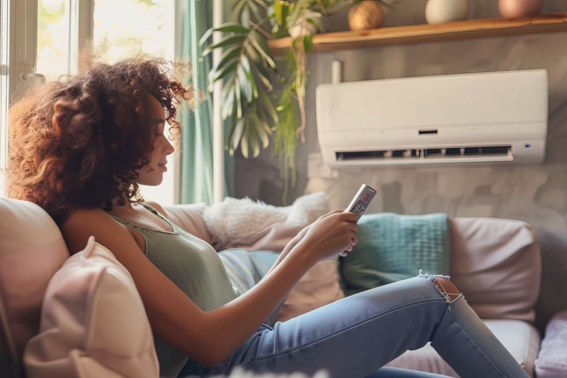 Frau sitzt auf dem Sofa und schaltet mit Fernbedienung eine, an der Wand befestigte Klimaanlage ein.
