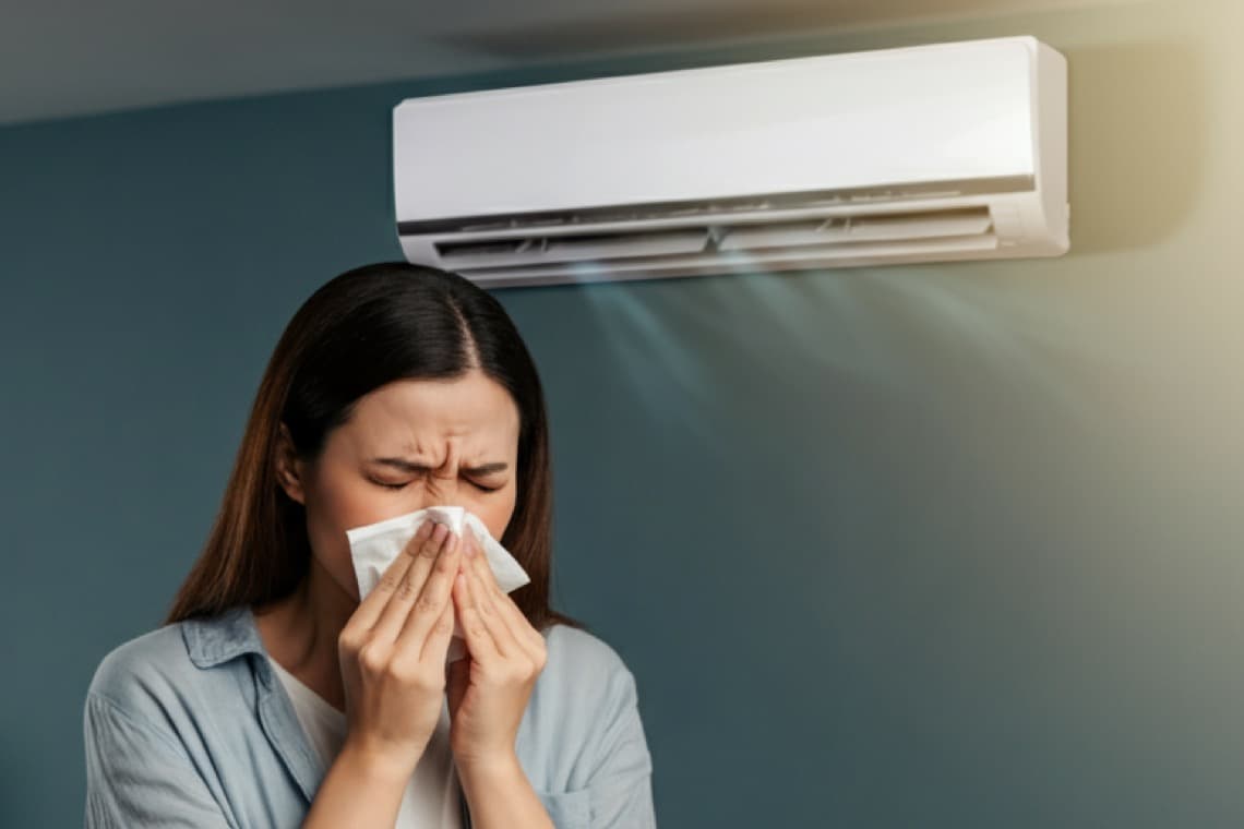 Eine Frau steht unter einer Wand-Klimaanlage, die Luft ausbläst. Sie hält ihre Hände vor das Gesicht mit einem Taschentuch.