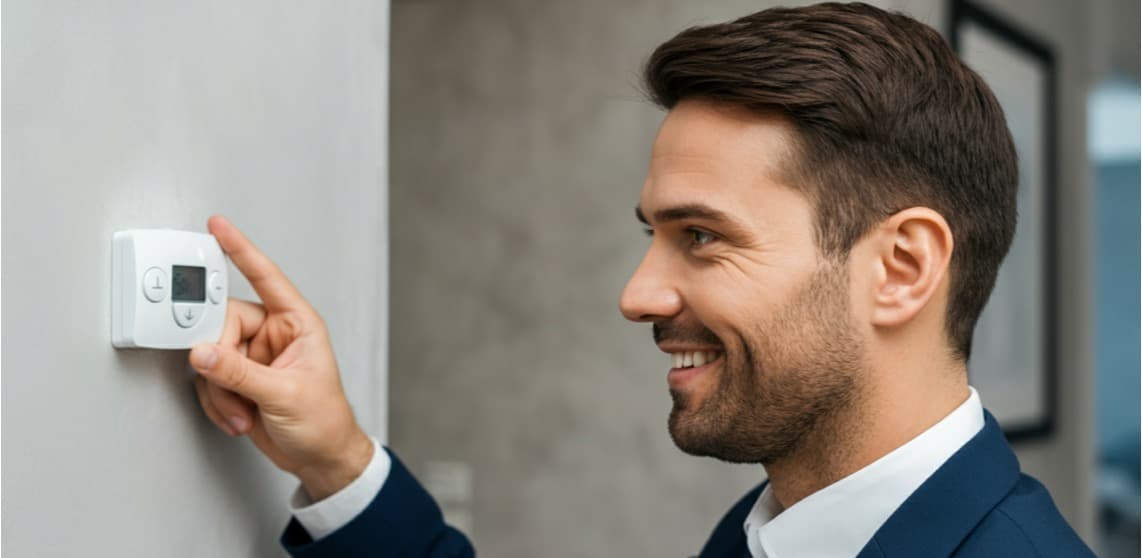 Mann reguliert die Klimaanlage an einem Display