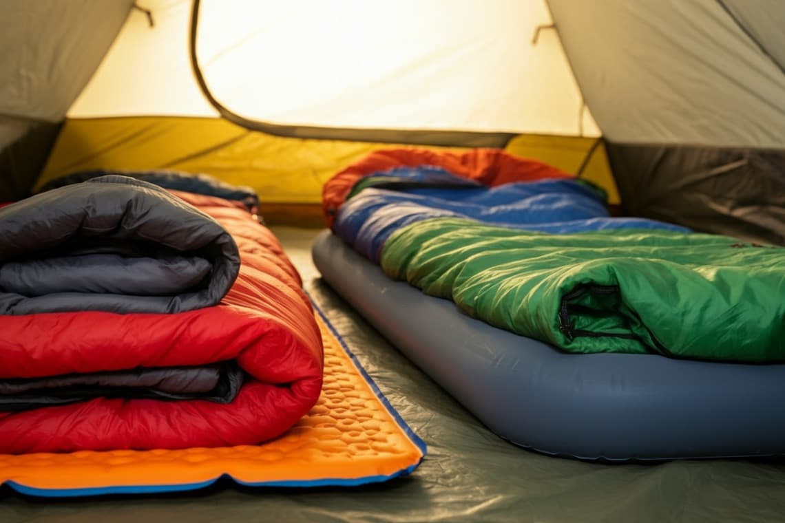 Zwei Schlafsäcke liegen auf Matten im Inneren eines Zeltes. Einer ist rot, der andere grün-blau. Das Zelt ist gelb-beige.