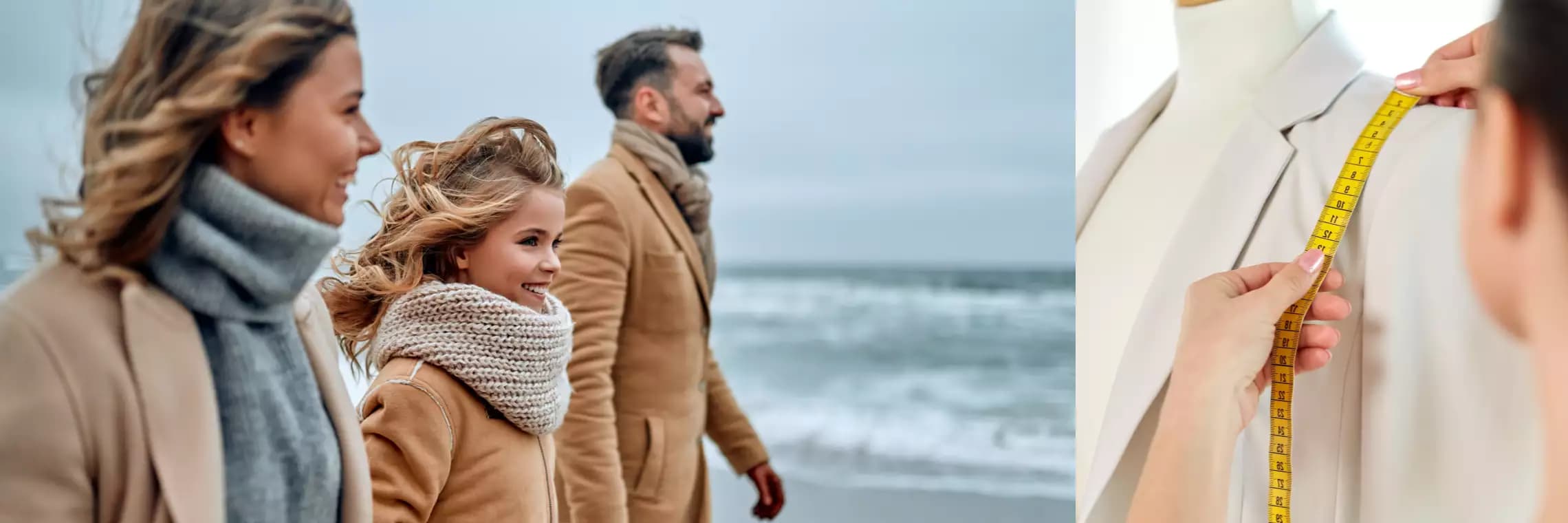 Familie in beigen Mänteln spaziert am Strand, während rechts eine Hand ein Maßband an einem weißen Blazer hält.