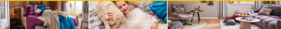 Cosy Wohnen – Gemütliches Schlafzimmer, Person hält Decke, einladendes Wohnzimmer mit Sofa, Sesseln und dekorativen Kissen.