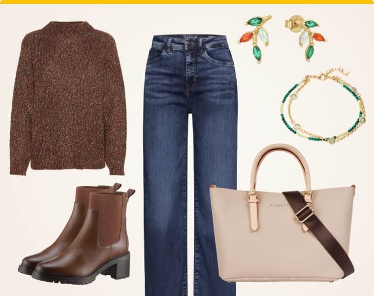Brauner Pullover, blaue Jeans, braune Stiefeletten, beige Tasche, grün-orange Ohrringe und grün-goldenes Armband