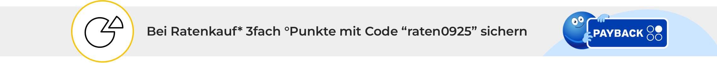 Bei Ratenkauf* 3fach °Punkte mit Code "raten0925" sichern – PAYBACK-Logo und Symbol für Ratenzahlung
