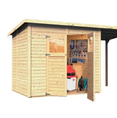 Offenes Gartenhaus mit Werkzeugen und Gartengeräten an der Wand, Rasenmäher und Schlauchrolle im Innenraum