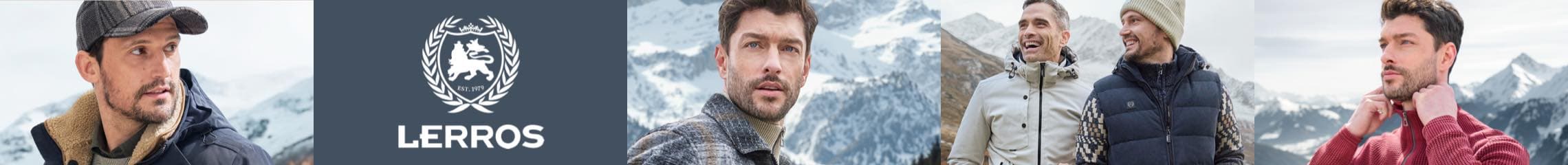 LERROS – Männer in Winterkleidung vor schneebedeckten Bergen, tragen Jacken, Pullover, Mützen und Schals