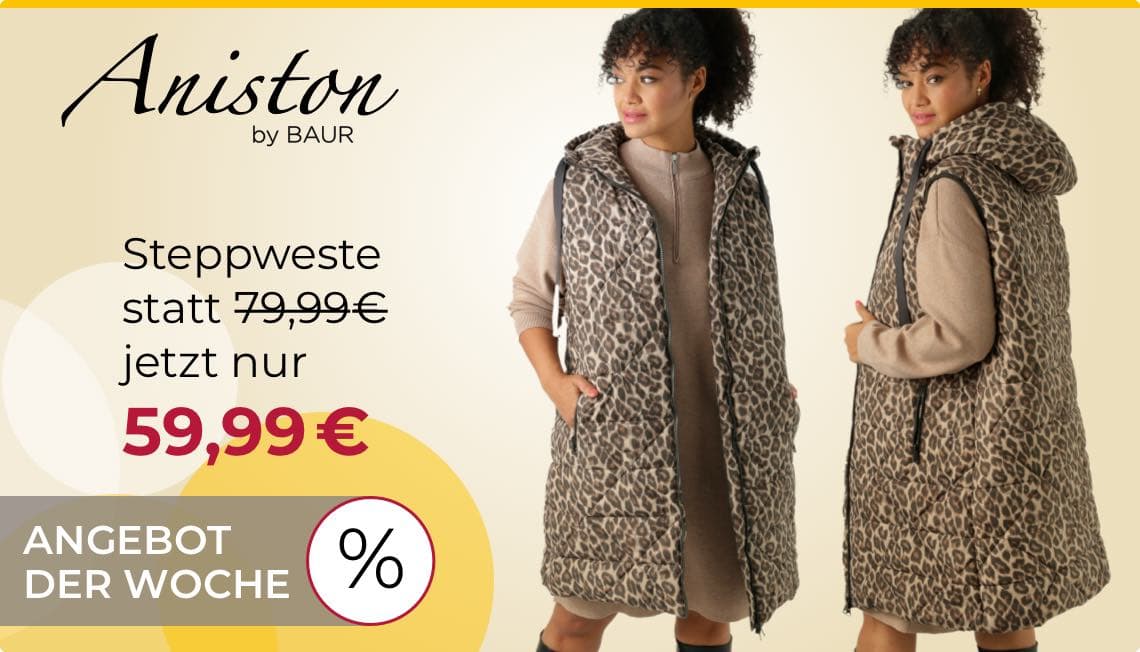 Steppweste statt 79,99€ jetzt nur 59,99€ – Angebot der Woche – Frau trägt lange Leopardenweste mit Kapuze und Taschen