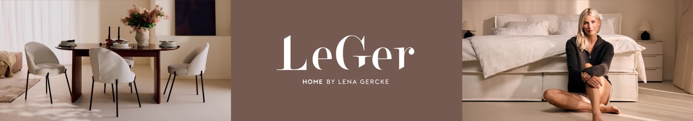 LeGer Home by Lena Gercke – Esszimmer mit rundem Holztisch und weißen Stühlen, Lena Gercke sitzt vor einem beige-farbenen Bett im Schlafzimmer