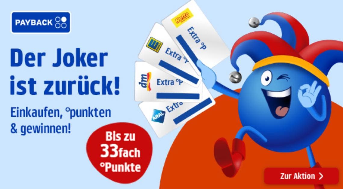 Der Joker ist zurück! Einkaufen, punkten & gewinnen! Bis zu 33fach Punkte – blauer Joker mit Karten von Payback Partnern
