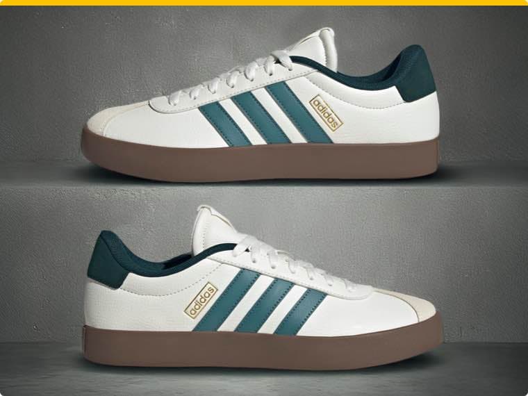 Weiße Adidas Sneaker mit grünen Streifen und brauner Sohle