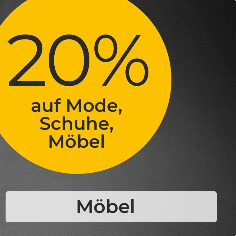 BLACK WEEKS: 20% auf Mode, Schuhe & Möbel – Ausgenommen gekennzeichnete Artikel. Schwarzer Hintergrund mit Schrift "Möbel" am unteren Rand