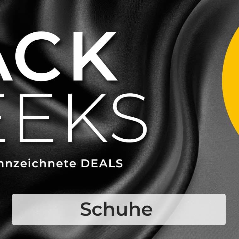 BLACK WEEKS: 20% auf Mode, Schuhe & Möbel – Ausgenommen gekennzeichnete Artikel. Schwarzer Hintergrund mit Schrift "Schuhe" am unteren Rand