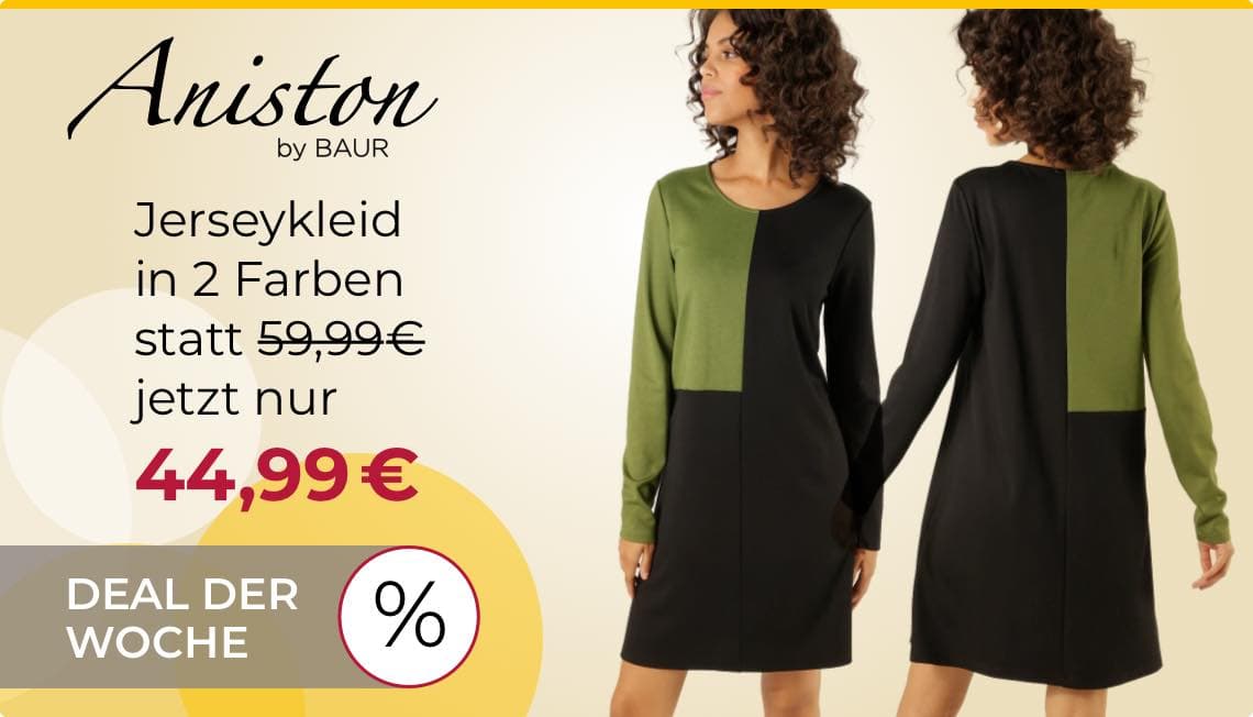 Jerseykleid in 2 Farben statt 59,99€ jetzt nur 44,99€ – Deal der Woche. Frau trägt schwarz-grünes Kleid, Vorder- und Rückansicht.