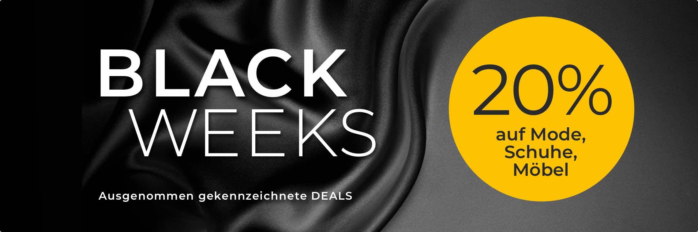 20 % auf Mode, Schuhe, Möbel – Black Weeks Angebot auf schwarzem Hintergrund mit gelbem Kreis
