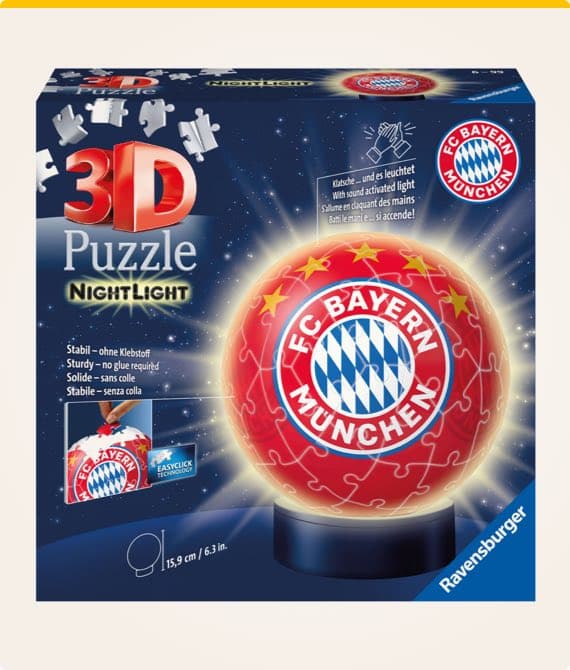 3D Puzzle Night Light – FC Bayern München Kugel Puzzle auf schwarzem Sockel, Ravensburger Verpackung