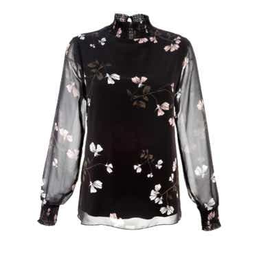 Schwarze Bluse mit langen transparenten Ärmeln und floralem Muster in Weiß und Rosa