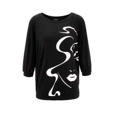 Schwarzes T-Shirt mit weißem abstraktem Gesichtsmotiv auf der Vorderseite, Dreiviertelärmel