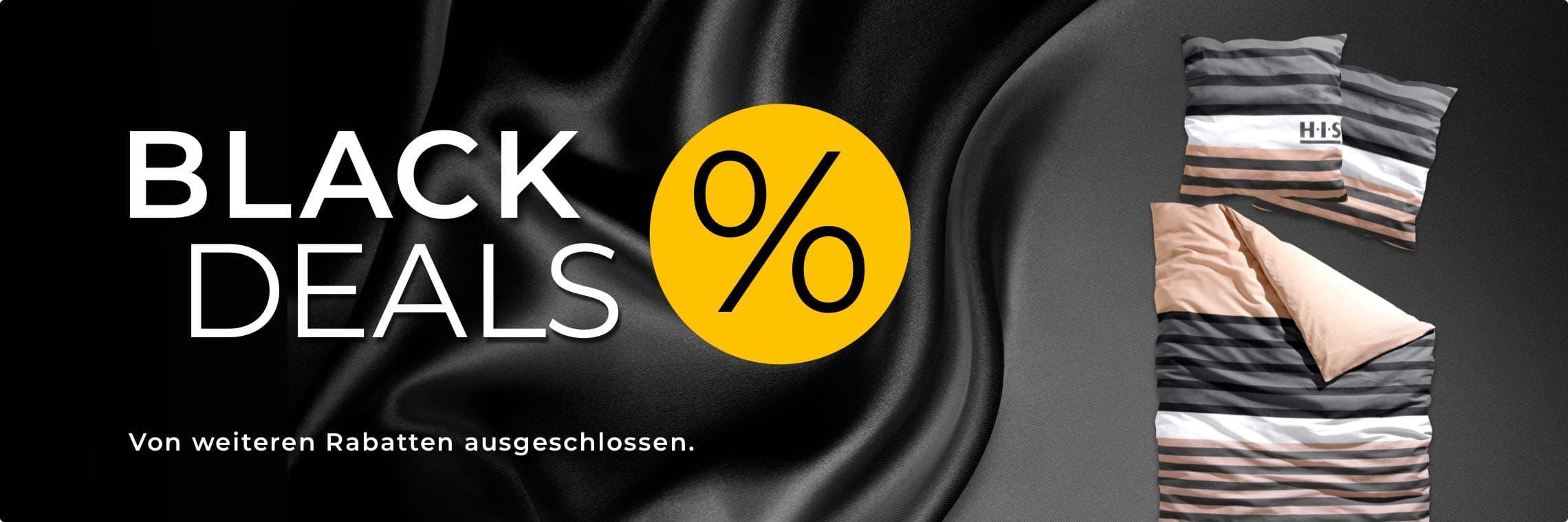 Black Deals – Von weiteren Rabatten ausgeschlossen. Gestreifte Bettwäsche in Beige, Weiß und Schwarz mit HIS-Logo.