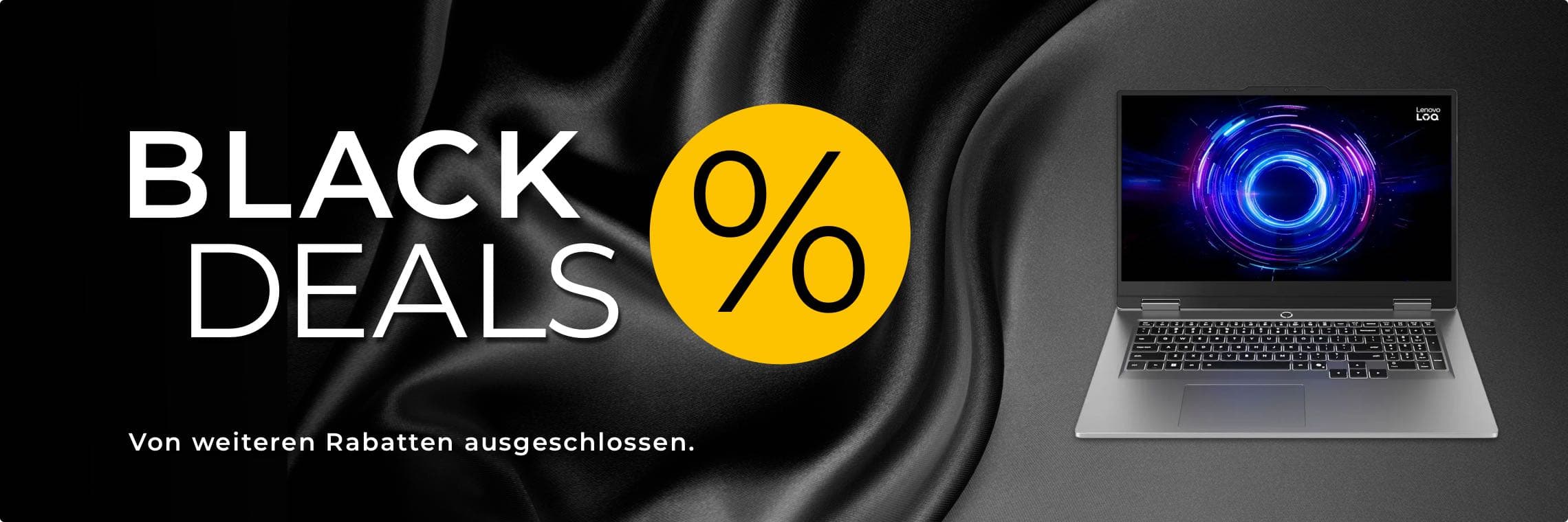 BLACK DEALS â Von weiteren Rabatten ausgeschlossen. Lenovo Laptop vor schwarzem Hintergrund mit blau-violettem Bildschirmbild