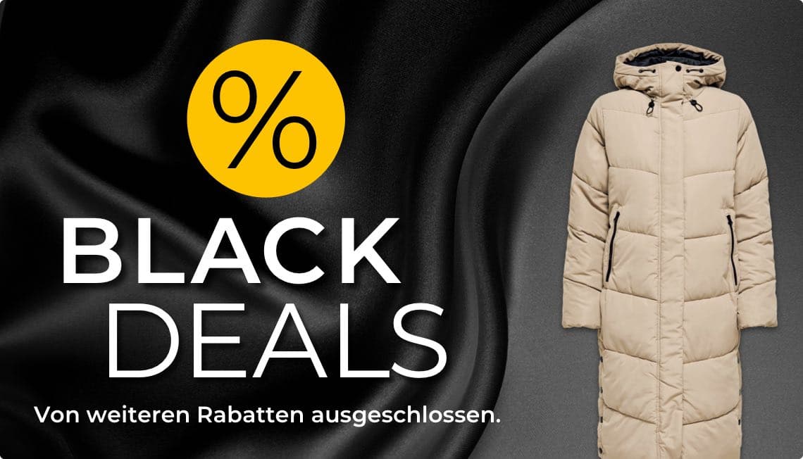 Black Deals – Von weiteren Rabatten ausgeschlossen. Beiger, langer Wintermantel mit Kapuze vor schwarzem Hintergrund.