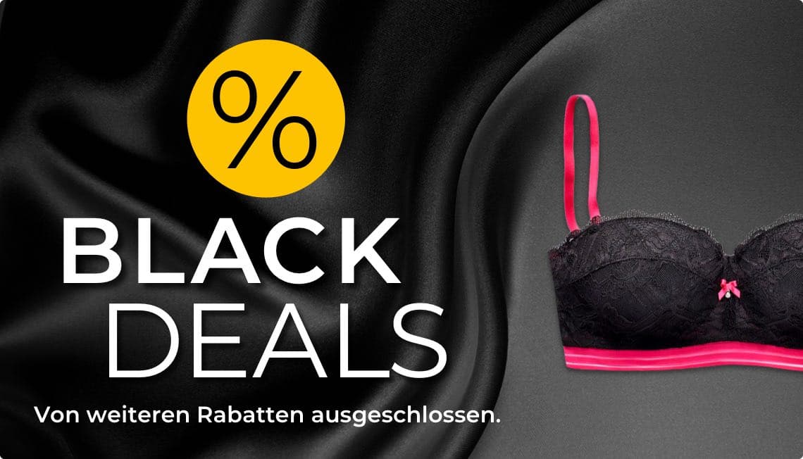 % Black Deals – Von weiteren Rabatten ausgeschlossen – Schwarzer BH mit pinken Trägern und Schleife vor schwarzem Hintergrund