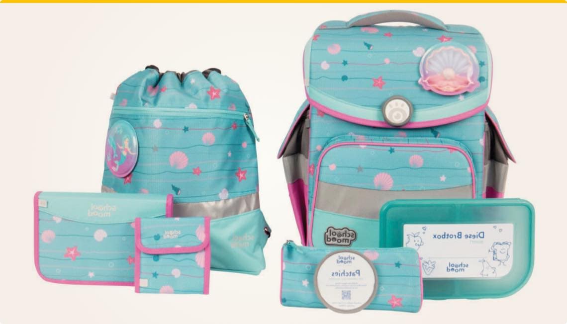 Schulranzen-Set in Türkis mit Muschel- und Sternmotiven, bestehend aus Rucksack, Turnbeutel, Brotdose, Federmäppchen und Geldbörse