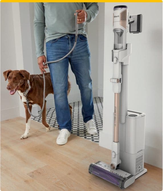 Mensch mit Hund betritt einen Raum, in dem ein kabelloser Bodenstaubsauger in einer Ladestation steht