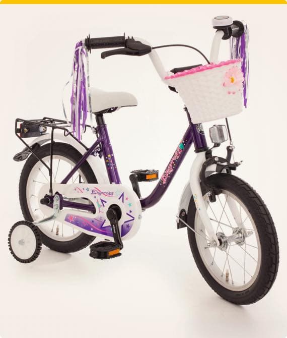 Kinderfahrrad mit Stützrädern, lila Rahmen, weißen Reifen, Lenkerfransen und einem weißen Korb mit pinken Details vorne