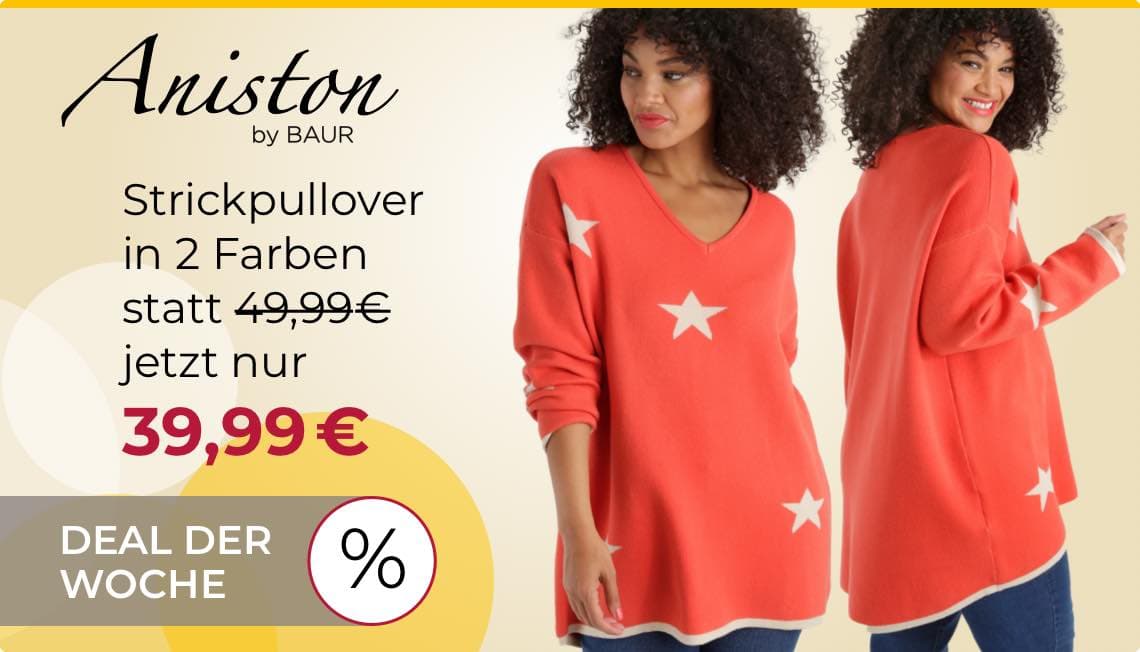 Deal der Woche: Strickpullover in 2 Farben, statt 49,99€ jetzt nur 39,99€ – Frau zeigt korallfarbenen Pullover mit beigen Sternen vorne und hinten.
